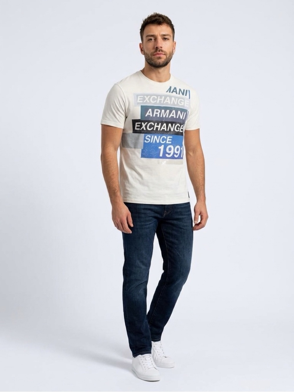 Armani Exchange White Graphic Short Sleeve Tee with Blue Accents